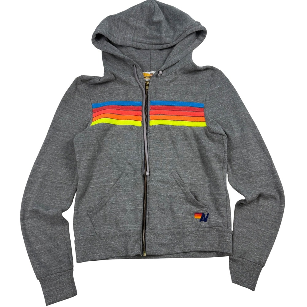 Aviator Nation Heather Gray 5-Stripe Rainbow Zip Up Hoodie XS Retro Sweatshirt